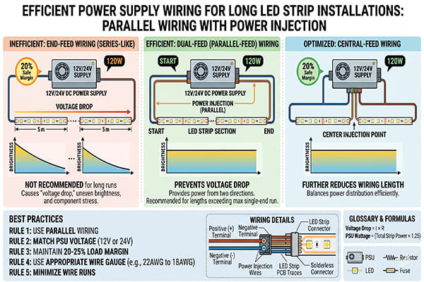 A diagram showing efficient power supply wiring for LED strips